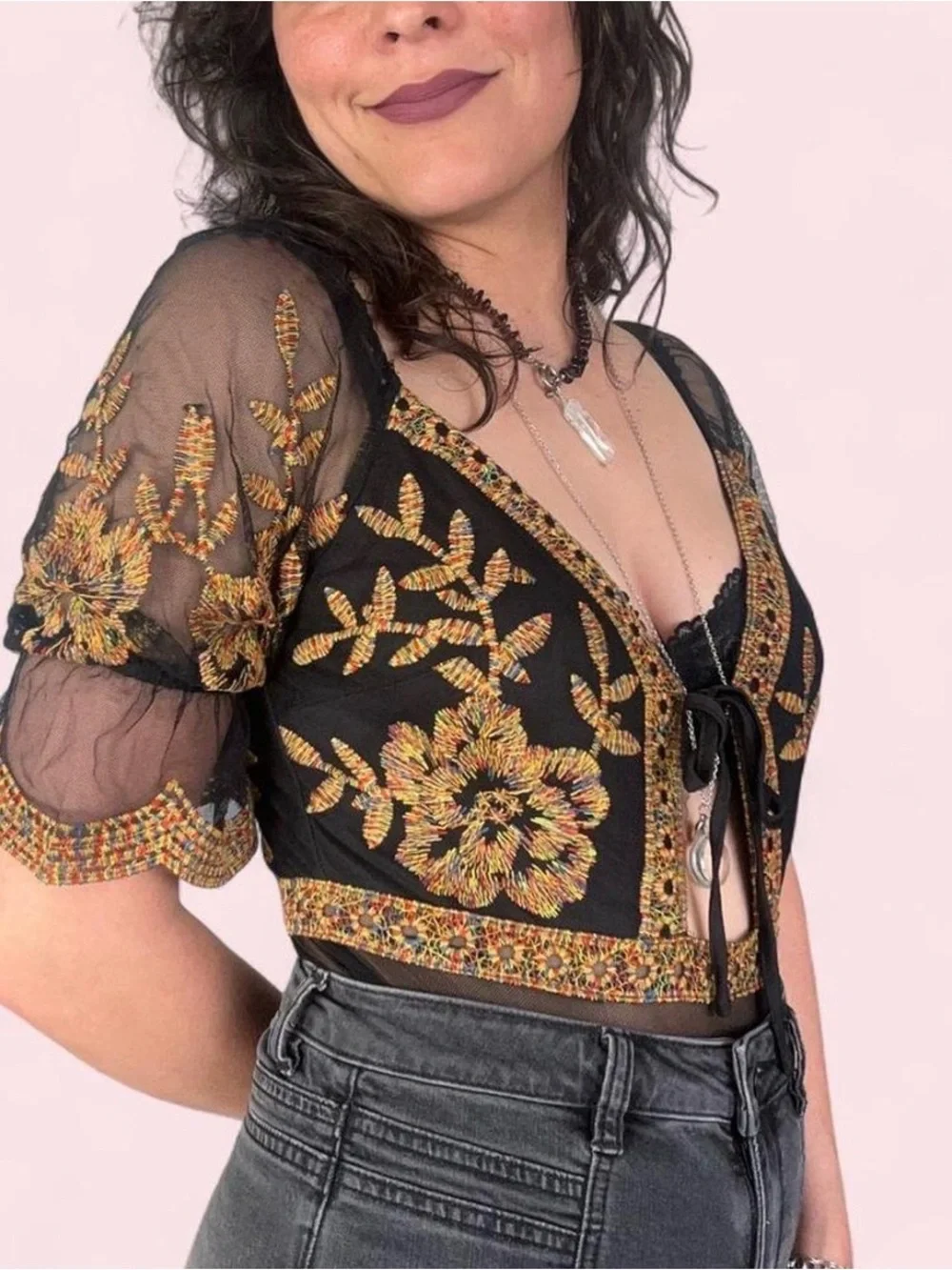 Black Sheer Embroidered Tie-Front Bodysuit with Gold Floral Detail - Picture 3 of 7